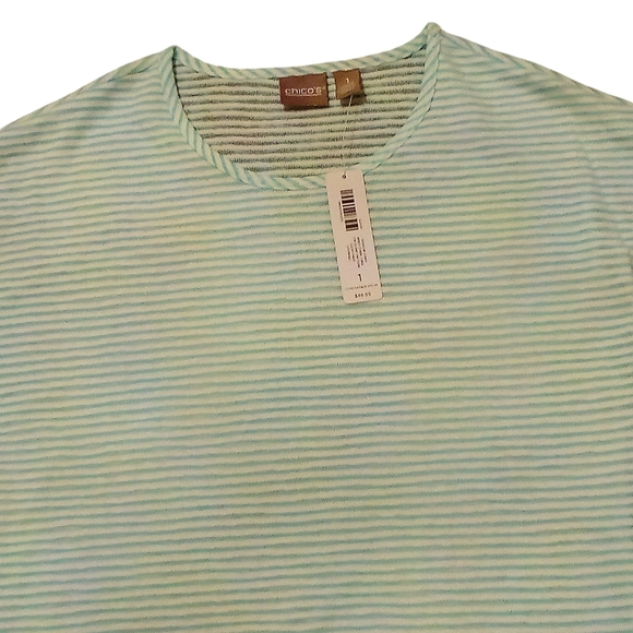 Chico's -NWT Shadow Striped Sleeveless Tunic Top, Lined Inside Front, White/Aqua - Picture 3 of 14
